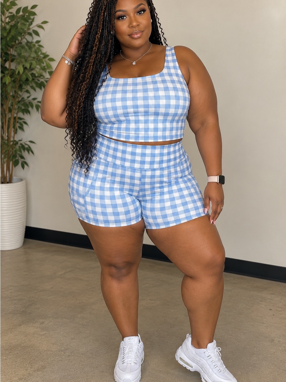 Gingham High-Waist Women’s Active Short Set- Light Blue-2xl